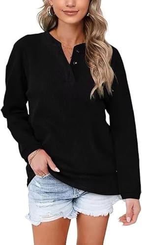 Aokosor Pullover Damen Sweatshirt V Ausschnitt Schwarz Einfarbig Langarmshirt mit Knöpfen Oberteile für Herbst Winter L von Aokosor