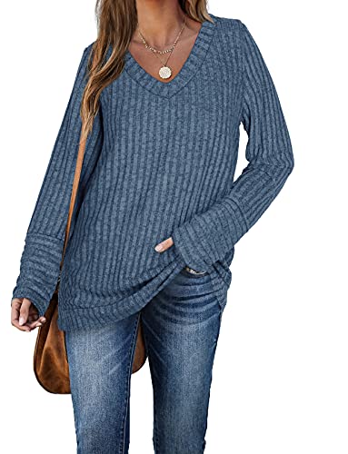 Aokosor Oberteile Damen Pullover Lang V Ausschnitt Strickpullover Oversize Leichte Langarmshirt LäSsige für Winter Blau S von Aokosor