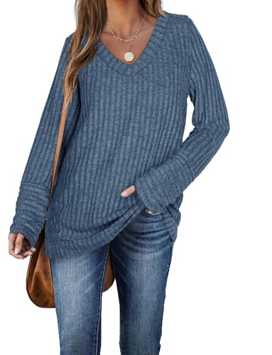 Aokosor Pullover Damen Winter Tunika Elegant Langarmshirt Damen V-Ausschnitt Oberteile Herbst Blau S von Aokosor