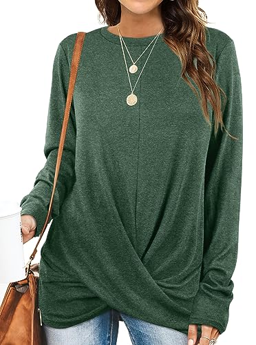 Aokosor Sweatshirt Damen Oversize Langarm Pullover Damen Rundhals Ausschnitt Front Twist Oberteile Damen Herbst Winter Dunkelgrün S von Aokosor