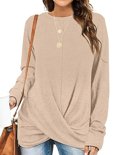 Aokosor Sweatshirt Damen Oversize Langarm Pullover Damen Rundhals Ausschnitt Front Twist Oberteile Damen Herbst Winter Khaki S von Aokosor