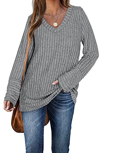 Aokosor Pullover Damen V Ausschnitt Oberteile Herbst Leichte Strickpullover Oversize Langarmshirt Elegant Winter Hellgrau L von Aokosor