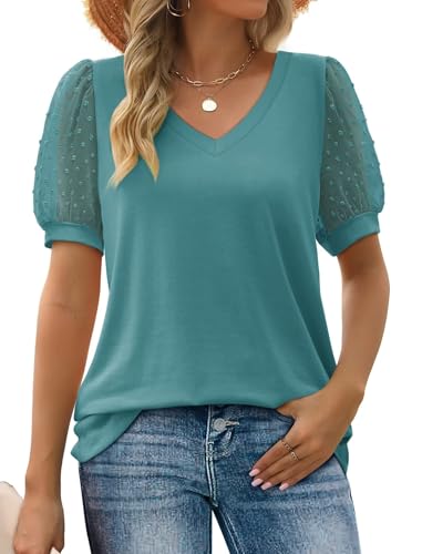Aokosor Damen Sommer Tops V-Ausschnitt T-Shirt Schweizer Punkt Puffy Ärmel Shirts Grünblaugrün 2XL von Aokosor