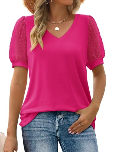 Aokosor Damen Sommer Tops V-Ausschnitt T-Shirt Schweizer Punkt Puffy Ärmel Shirts Rose Red XL von Aokosor