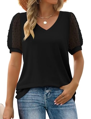 Aokosor Damen Sommer Tops V-Ausschnitt T-Shirt Schweizer Punkt Puffy Ärmel Shirts Schwarz XL von Aokosor