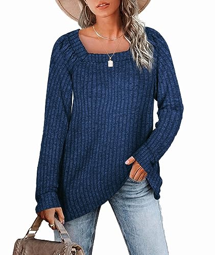 Aokosor Pullover Damen Quadratischer Rechteckiger Ausschnitt Langarm Strickpullover Lose Sweatshirts Casual Elegant Oberteile Damen Herbst und Winter Blau M von Aokosor