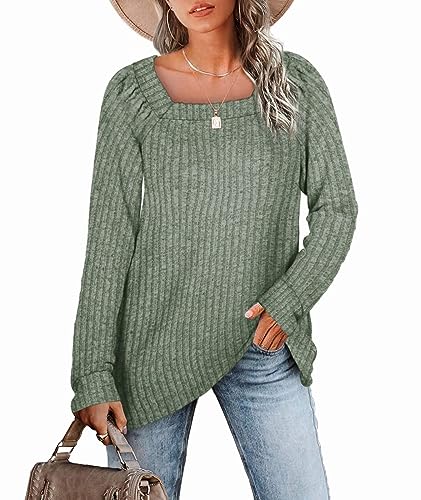 Aokosor Pullover Damen Quadratischer Rechteckiger Ausschnitt Langarm Strickpullover Lose Sweatshirts Casual Elegant Oberteile Damen Herbst und Winter Grün 2XL von Aokosor