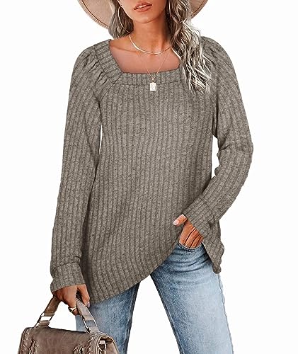 Aokosor Pullover Damen Quadratischer Rechteckiger Ausschnitt Langarm Strickpullover Lose Sweatshirts Casual Elegant Oberteile Damen Herbst und Winter Khaki 2XL von Aokosor