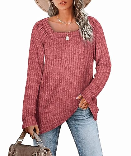 Aokosor Pullover Damen Quadratischer Rechteckiger Ausschnitt Langarm Strickpullover Lose Sweatshirts Casual Elegant Oberteile Damen Herbst und Winter Rosa L von Aokosor