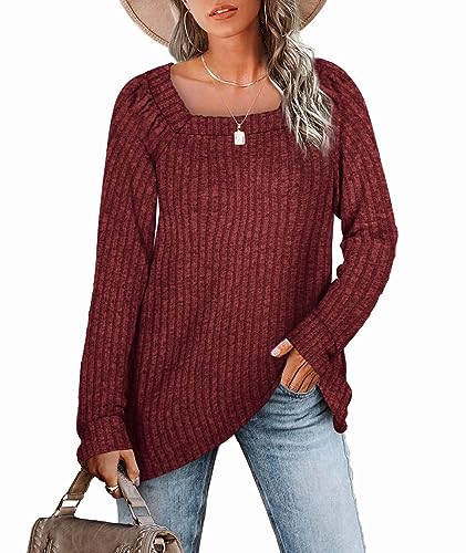 Aokosor Pullover Damen Quadratischer Rechteckiger Ausschnitt Langarm Strickpullover Lose Sweatshirts Casual Elegant Oberteile Damen Herbst und Winter Rot L von Aokosor