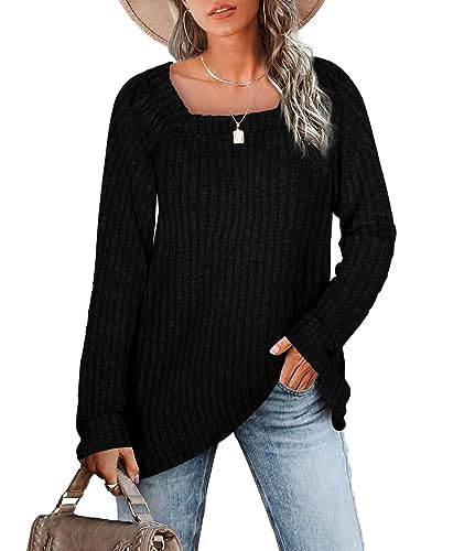 Aokosor Pullover Damen Quadratischer Rechteckiger Ausschnitt Langarm Strickpullover Lose Sweatshirts Casual Elegant Oberteile Damen Herbst und Winter Schwarz L von Aokosor