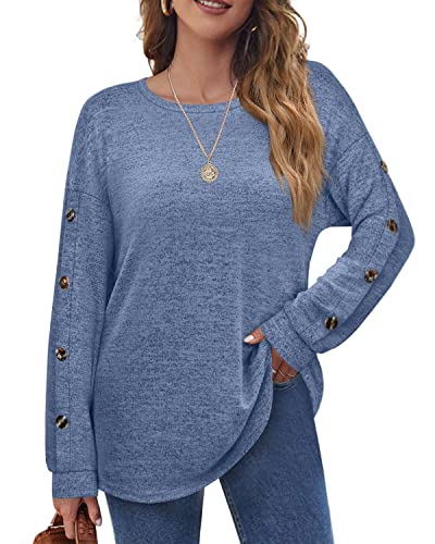 Aokosor Sweatshirt Damen Rundhals Langarmshirt Pullover Locker Tops für Herbst Winter Blau XL von Aokosor