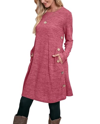 Aokosor Kleid Damen Knielang Strickkleid Damen Langarm Kleider Pulloverkleid für Damen Winterkleid Tunika Kleid Jumper Kleid mit Knöpfen und Taschen Rot S von Aokosor