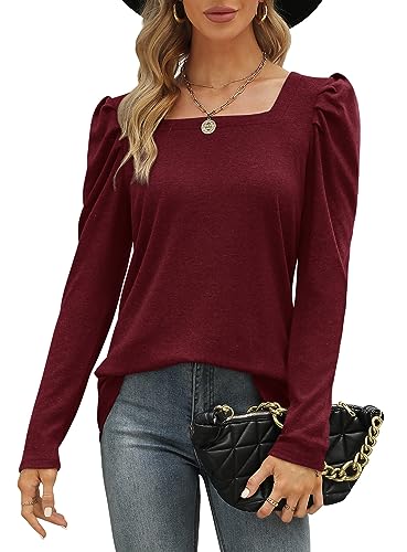 Aokosor Pullover Damen Puffärmel Langarmshirts Square Neck Sweatshirt Elegante Langarm Tops Winter Casual Tunika Weinrot L von Aokosor