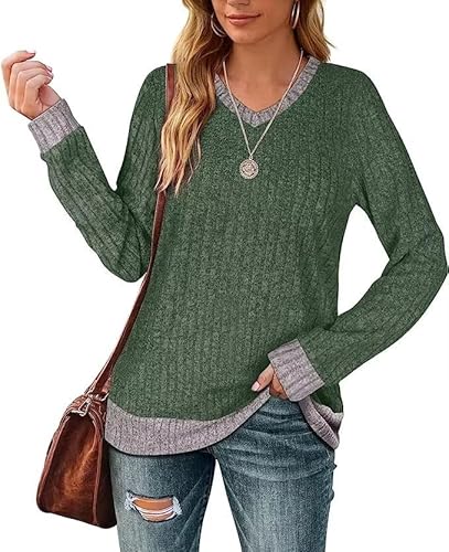 Aokosor Langarmshirt Damen Casual Pullover V-Ausschnitt Sweater Leichtes Herbst Strickpullover Oberteile Grün S von Aokosor