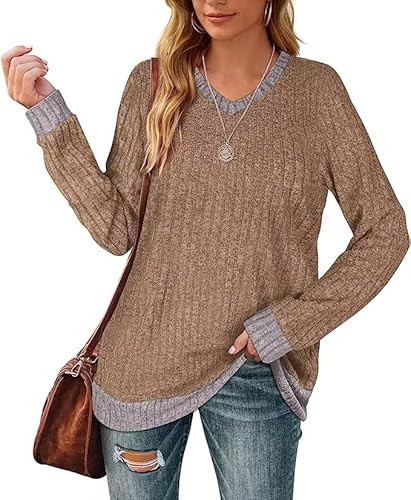 Aokosor Langarmshirt Damen Casual Pullover V-Ausschnitt Sweater Leichtes Herbst Strickpullover Oberteile Khaki XL von Aokosor