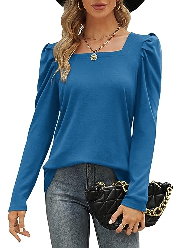 Aokosor Langarmshirt Damen Puffärmel Sweatshirt Square Neck Pullover Langarm Tshirt Winter Oberteile Casual Tunika Blau M von Aokosor