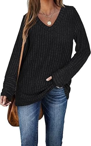 Aokosor Schwarz Pullover Damen V Ausschnitt Oberteile Herbst Leichte Strickpullover Oversize Langarmshirt Elegant für Winter M von Aokosor