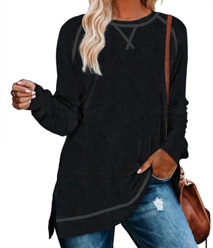 Aokosor Pullover Damen Elegant Strickpullover Damen Sweater Langarmshirts Tunika Langarm Sweatshirt ohne Kapuze Oberteile für Herbst Winter Schwarz L von Aokosor