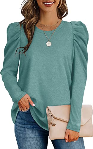 Aokosor Pullover Damen Sweatshirt Puffärmel Elegant Largarmshirt Oversized Rundhals Oberteile für Herbst Winter Blaugrün 2XL von Aokosor