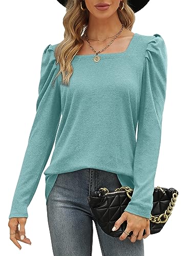 Aokosor Pullover Damen Puffärmel Langarmshirts Square Neck Sweatshirt Elegante Langarm Tops Winter Casual Tunika Tannengrün XL von Aokosor