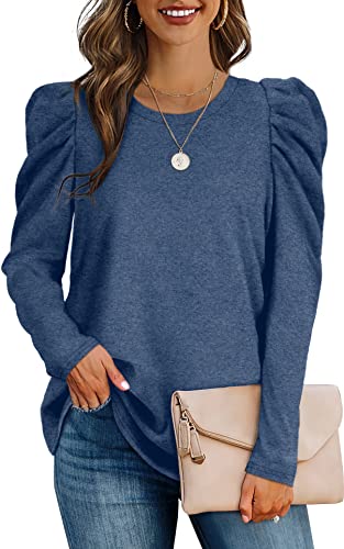 Aokosor Pullover Damen Sweatshirt Puffärmel Elegant Largarmshirt Oversized Rundhals Oberteile für Herbst Winter Blau 2XL von Aokosor