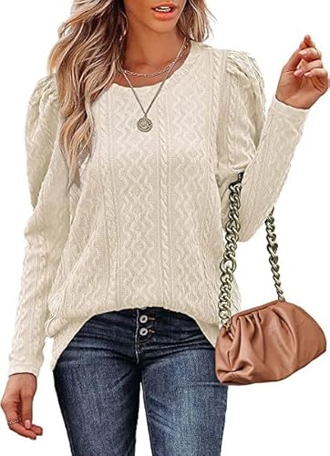 Aokosor Damen Strickpullover Elegant Rundhals Pullover Puffärmel Langarm Winterkleid Herbst Winter Oberteile Tops Beige XL von Aokosor