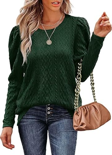 Aokosor Damen Strickpullover Elegant Rundhals Pullover Puffärmel Langarm Winterkleid Herbst Winter Oberteile Tops Grün XXL von Aokosor