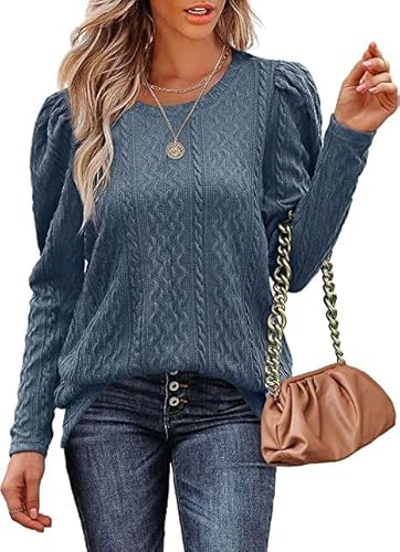 Aokosor Damen Strickpullover Elegant Rundhals Pullover Puffärmel Langarm Winterkleid Herbst Winter Oberteile Tops Blau L von Aokosor