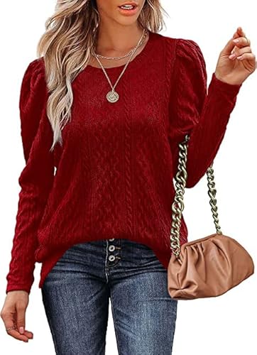 Aokosor Damen Strickpullover Elegant Rundhals Pullover Puffärmel Langarm Winterkleid Herbst Winter Oberteile Tops Rot XXL von Aokosor