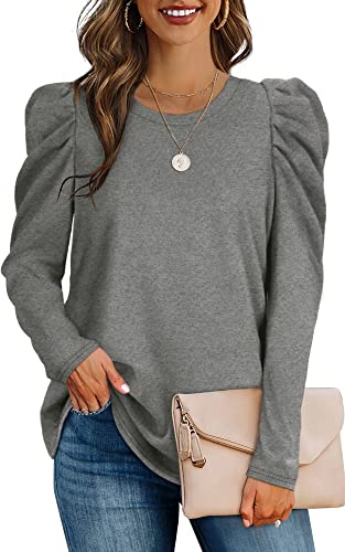 Aokosor Pullover Damen Sweatshirt Puffärmel Elegant Largarmshirt Oversized Rundhals Oberteile für Herbst Winter Grau M von Aokosor