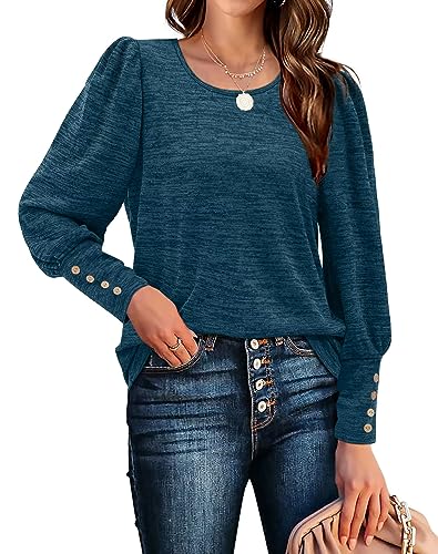 Aokosor Pullover Damen Rundhals Puffärmel Langarmshirts Casual Strickpullover mit Knöpfen Elegant Herbst Sweatshirt Oversize Oberteile Blau XXL von Aokosor