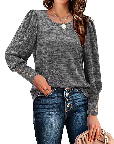 Aokosor Pullover Damen Rundhals Puffärmel Langarmshirts Casual Strickpullover mit Knöpfen Elegant Herbst Sweatshirt Oversize Oberteile Grau L von Aokosor