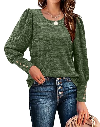 Aokosor Pullover Damen Rundhals Puffärmel Langarmshirts Casual Strickpullover mit Knöpfen Elegant Herbst Sweatshirt Oversize Oberteile Grün L von Aokosor