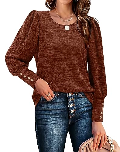 Aokosor Pullover Damen Rundhals Puffärmel Langarmshirts Casual Strickpullover mit Knöpfen Elegant Herbst Sweatshirt Oversize Oberteile Rotbraun S von Aokosor