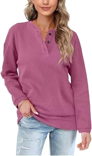 Aokosor Pullover Damen Sweatshirt V Ausschnitt Einfarbig Langarmshirt mit Knöpfen Oberteile für Herbst Winter Rose M von Aokosor