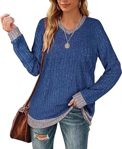 Aokosor Langarmshirt Damen Casual Pullover V-Ausschnitt Sweater Leichtes Herbst Strickpullover Oberteile Blau L von Aokosor