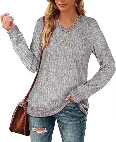 Aokosor Langarmshirt Damen Casual Pullover V-Ausschnitt Sweater Leichtes Herbst Strickpullover Oberteile Grau 2XL von Aokosor