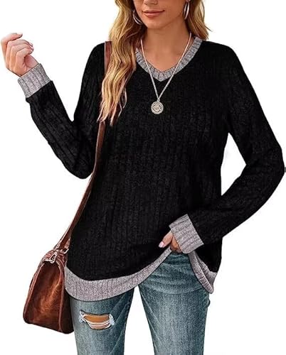 Aokosor Langarmshirt Damen Casual Pullover V-Ausschnitt Sweater Leichtes Herbst Strickpullover Oberteile Schwarz L von Aokosor