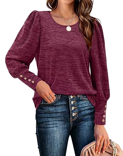 Aokosor Pullover Damen Rundhals Puffärmel Langarmshirts Casual Strickpullover mit Knöpfen Elegant Herbst Sweatshirt Oversize Oberteile Fuchsie M von Aokosor