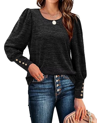 Aokosor Pullover Damen Rundhals Puffärmel Langarmshirts Casual Strickpullover mit Knöpfen Elegant Herbst Sweatshirt Oversize Oberteile Schwarz S von Aokosor