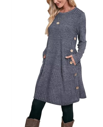 Aokosor Pulloverkleid Damen Langarm Kleider Strickkleid für Damen Winterkleid Tunika Kleid Jumper Kleid mit Knöpfen und Taschen Streifen Blau L von Aokosor