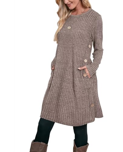 Aokosor Pulloverkleid Damen Langarm Kleider Strickkleid für Damen Winterkleid Tunika Kleid Jumper Kleid mit Knöpfen und Taschen Streifen Braun M von Aokosor