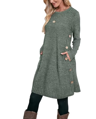Aokosor Pulloverkleid Damen Langarm Kleider Strickkleid für Damen Winterkleid Tunika Kleid Jumper Kleid mit Knöpfen und Taschen Streifen Grün L von Aokosor
