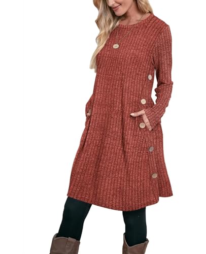 Aokosor Pulloverkleid Damen Langarm Kleider Strickkleid für Damen Winterkleid Tunika Kleid Jumper Kleid mit Knöpfen und Taschen Streifen Karamell XXL von Aokosor