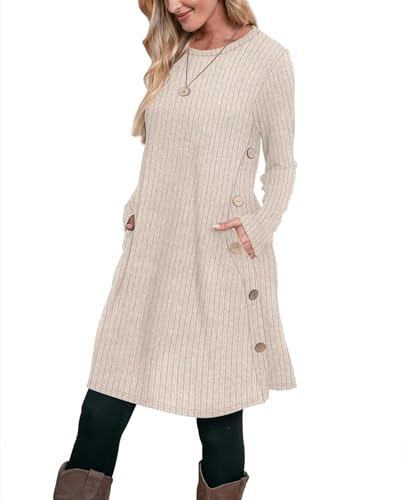 Aokosor Pulloverkleid Damen Langarm Kleider Strickkleid für Damen Winterkleid Tunika Kleid Jumper Kleid mit Knöpfen und Taschen Streifen Khaki M von Aokosor