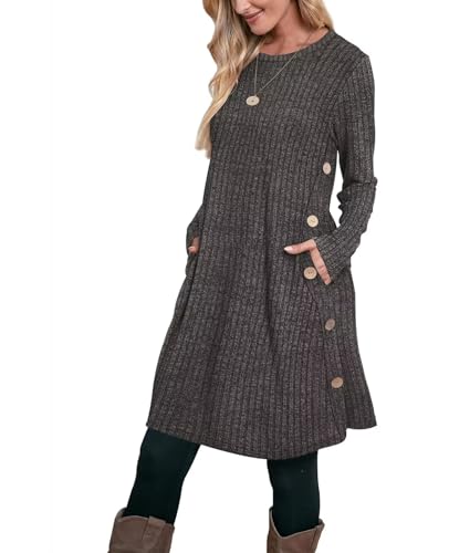 Aokosor Pulloverkleid Damen Langarm Kleider Strickkleid für Damen Winterkleid Tunika Kleid Jumper Kleid mit Knöpfen und Taschen Streifen Silbrig XL von Aokosor