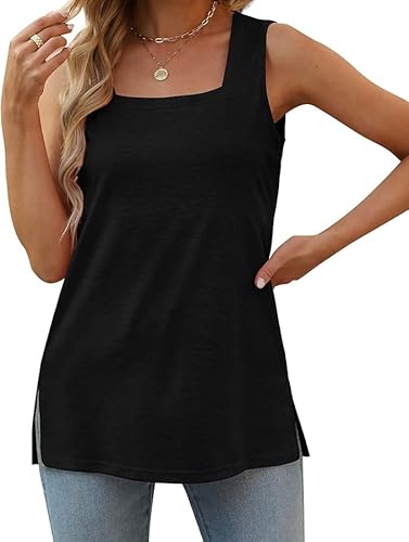 Aokosor Schwarz Tank Top Damen Oversize Tunika Ärmellos Lang T-Shirt Square Neck Bluse Locker Oberteile Sommer XXL von Aokosor