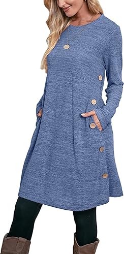 Aokosor Strickkleid Damen Langarm Kleider Pulloverkleid für Damen Tunika Kleid Jumper Kleid mit Knöpfen und Taschen Blau XXL von Aokosor