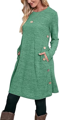 Aokosor Strickkleid Damen Langarm Kleider Pulloverkleid für Damen Tunika Kleid Jumper Kleid mit Knöpfen und Taschen Grün S von Aokosor